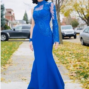 Elegant Blue Lace Evening Gown custom made size 2